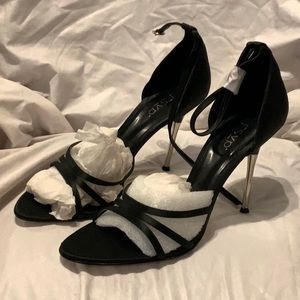 Black satin sandal, metal stiletto heels.
